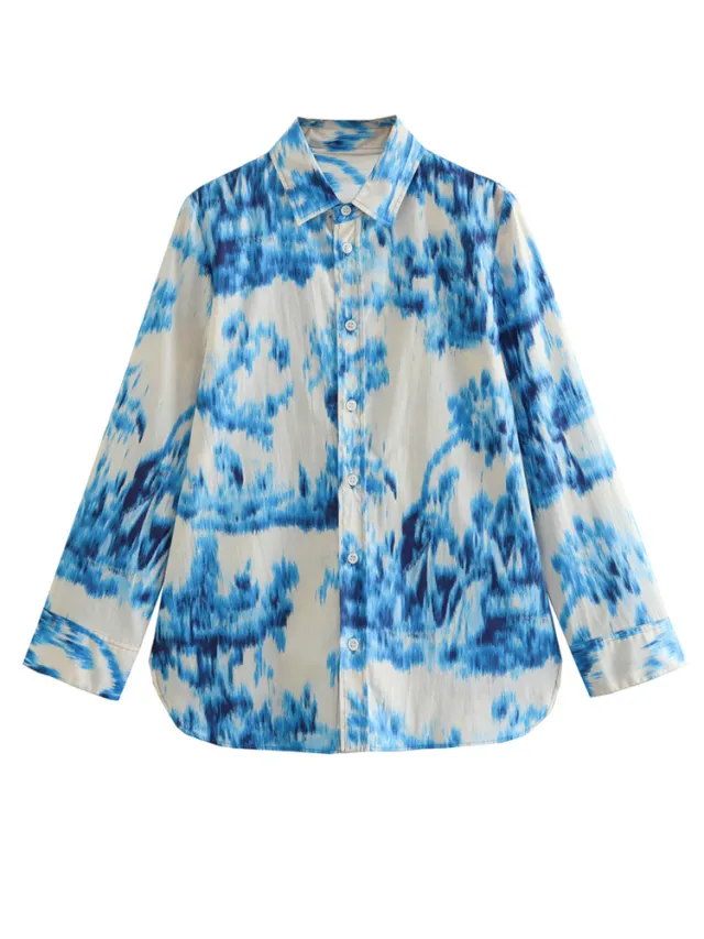 Lapel Loose Printed Poplin Shirt Printed High Waist Skirt Shirt Multicolor - Shop at LoveMi