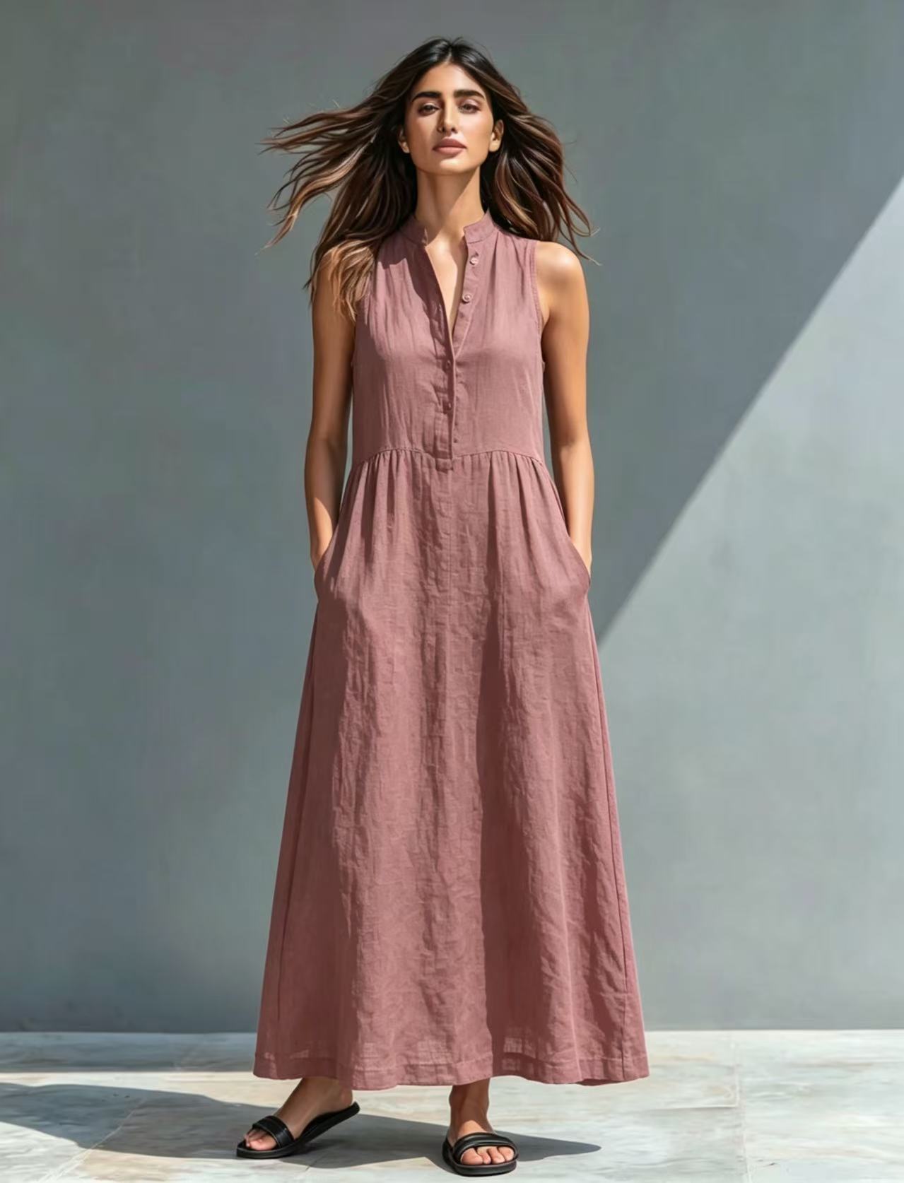 Women's Stand-Collar A-Line Maxi Dress in Pink – resort vacation style front view