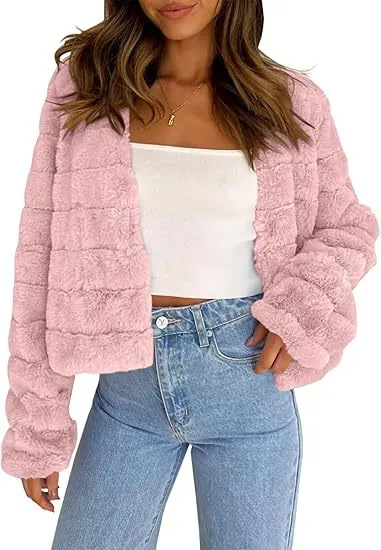Faux Fur Long Sleeve Front Cardigan Short Coat Pink - Shop at LoveMi
