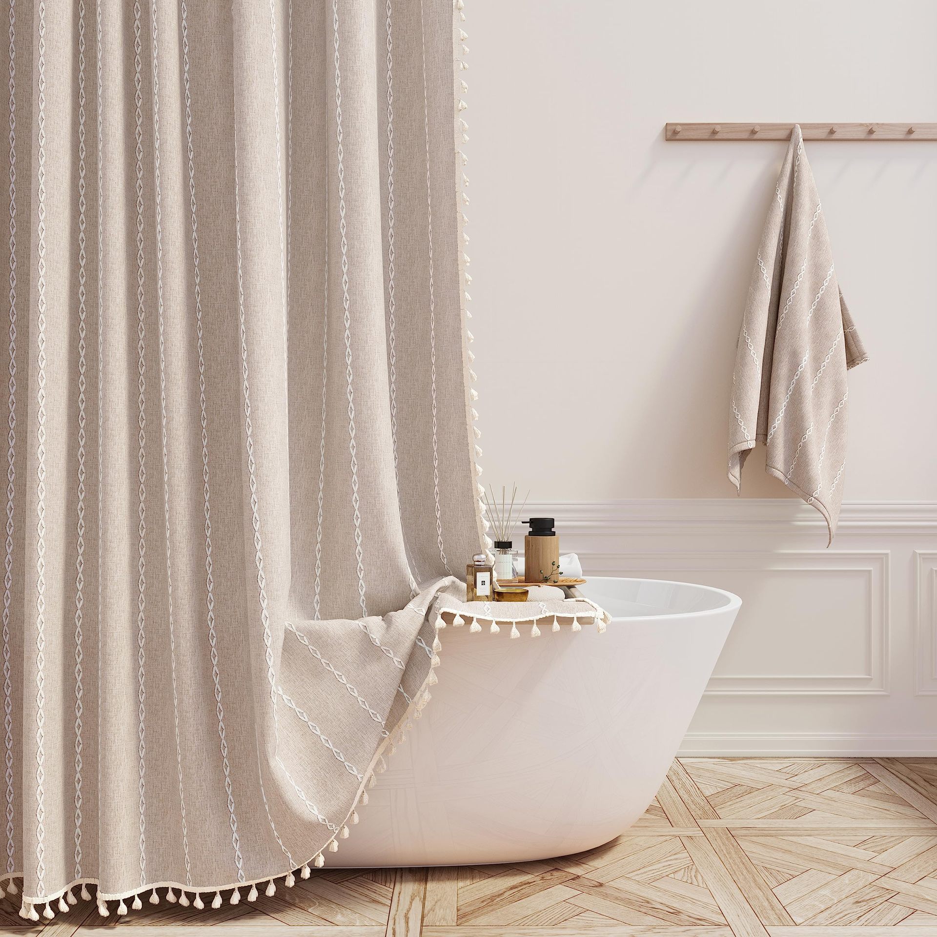 Tencel-linen Checkered Tassel Bathroom Checkered Partition Curtain Waterproof Shower Curtain