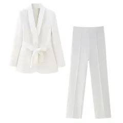Women's French Style With Belt Dress Small Suit Jacket Casual Trousers - White - View 1