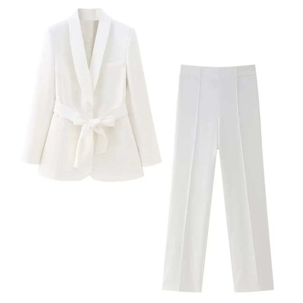 Women's French Style With Belt Dress Small Suit Jacket Casual Trousers - White
