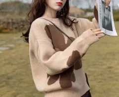 Japanese And Korean Design Sense Milk-in-water Mousse Flower Sweater Women - Khaki - View 1