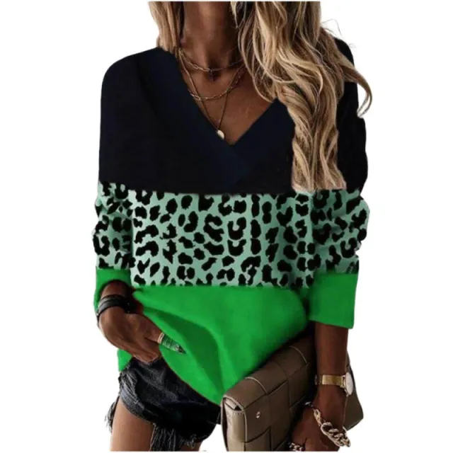 V neck Leopard Print Splicing Long Sleeve Sweatshirt Tops Green - Shop at LoveMi