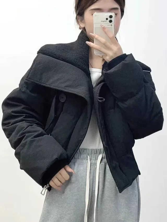 Large Lapel Short Cotton Female Thick Warm Jacket Black - Shop at LoveMi