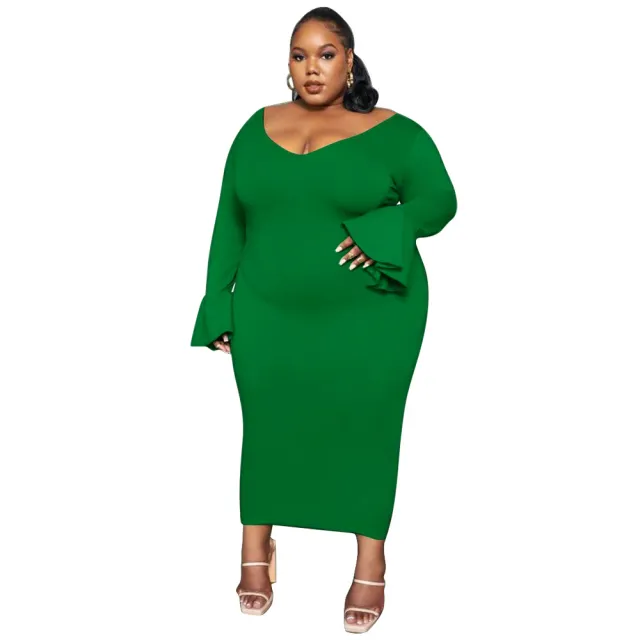 Fashionable And Sexy Plus Size Women's Solid Color Elegant V Neck Maxi Dress Green - Shop at LoveMi