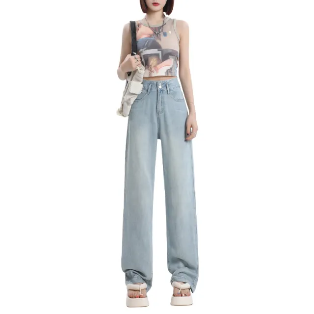 Fashion Tencel Wide leg Jeans For Women Blue Cropped Pants - Shop at LoveMi