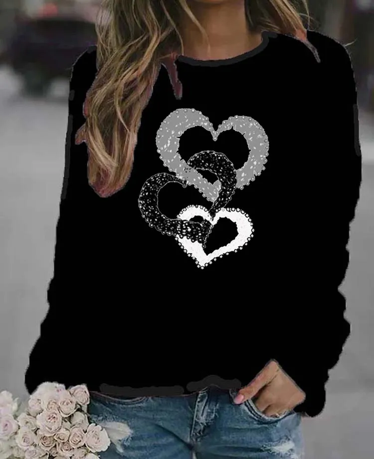 Casual Round Neck Print Sweatshirt Women - Black