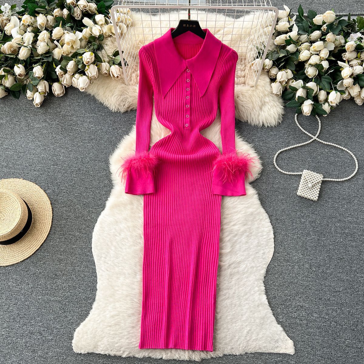 Notched-collar Feathered Bodycon Dress With A Niche Chic Vibe