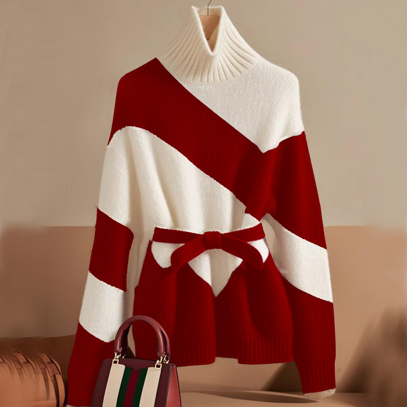 Red Patchwork Turtleneck Sweater Base Layer