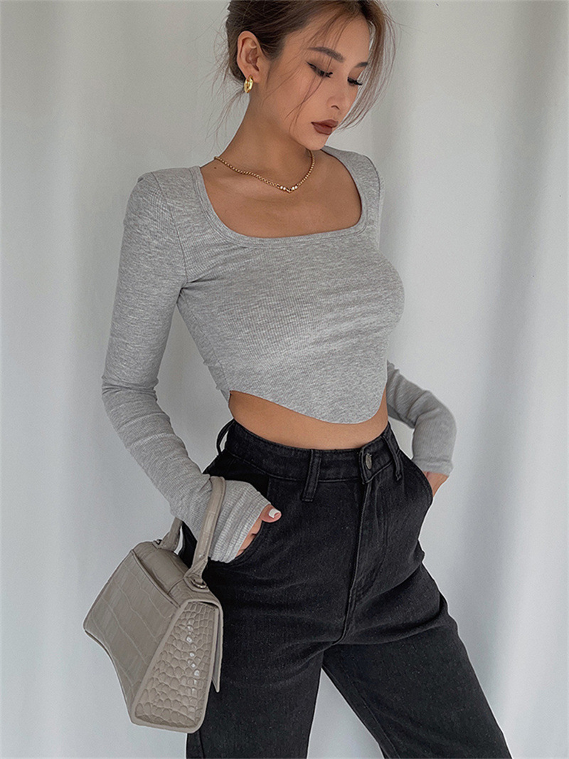Women's Rib Knitted Cropped Top Square Collar Autumn Wrap Pullover Gray - Shop at LoveMi