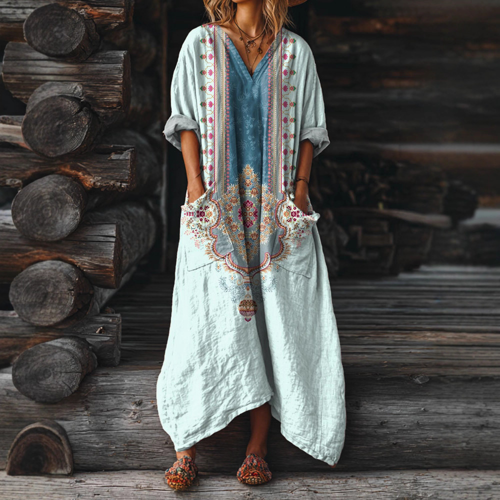 Womens Retro Floral Print V-Neck Dress