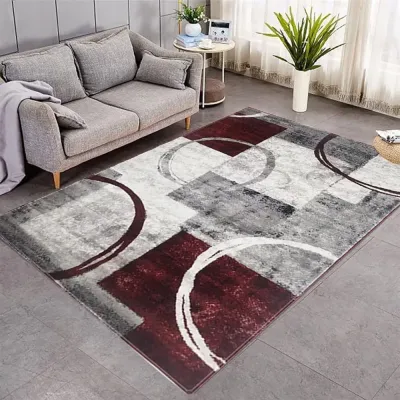 Wine Red Gray Geometric Round Carpet