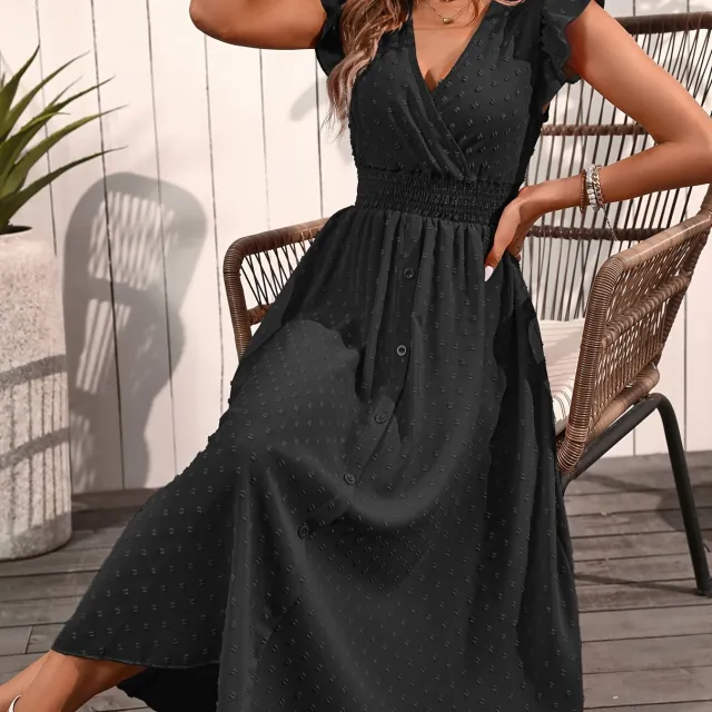 Elegant V neck Ruffled Sleeve Women's Summer Short Sleeve Maxi Dress Black - Shop at LoveMi