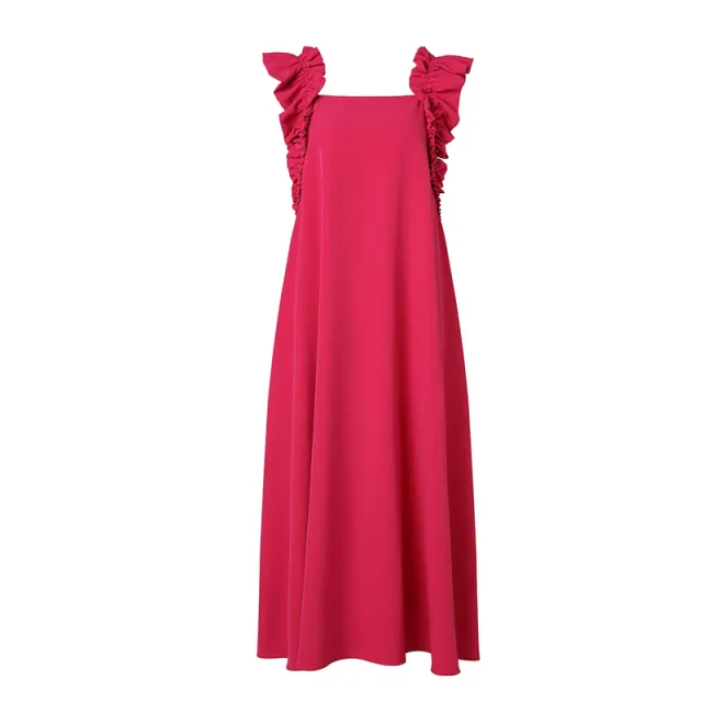 Womens Solid Color Square Neck Ruffle Trim Cap Sleeve Dress Red - Shop at LoveMi