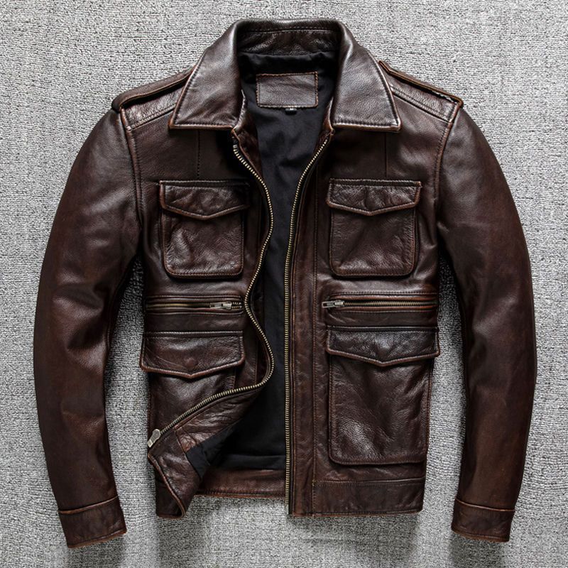 Retro-style Slim-fit Lapel Leather Jacket For Men