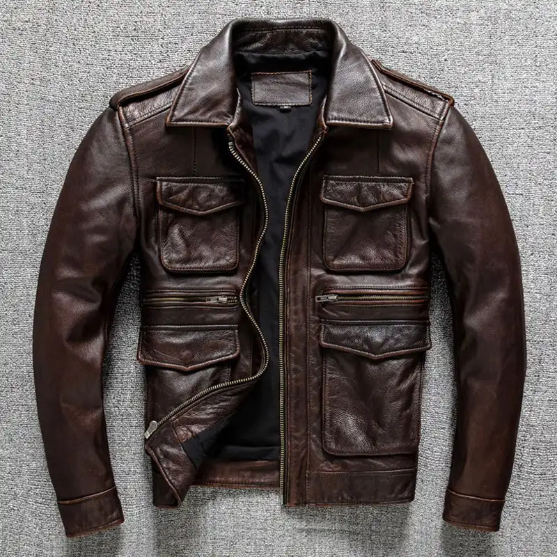 Retro-style Slim-fit Lapel Leather Jacket For Men