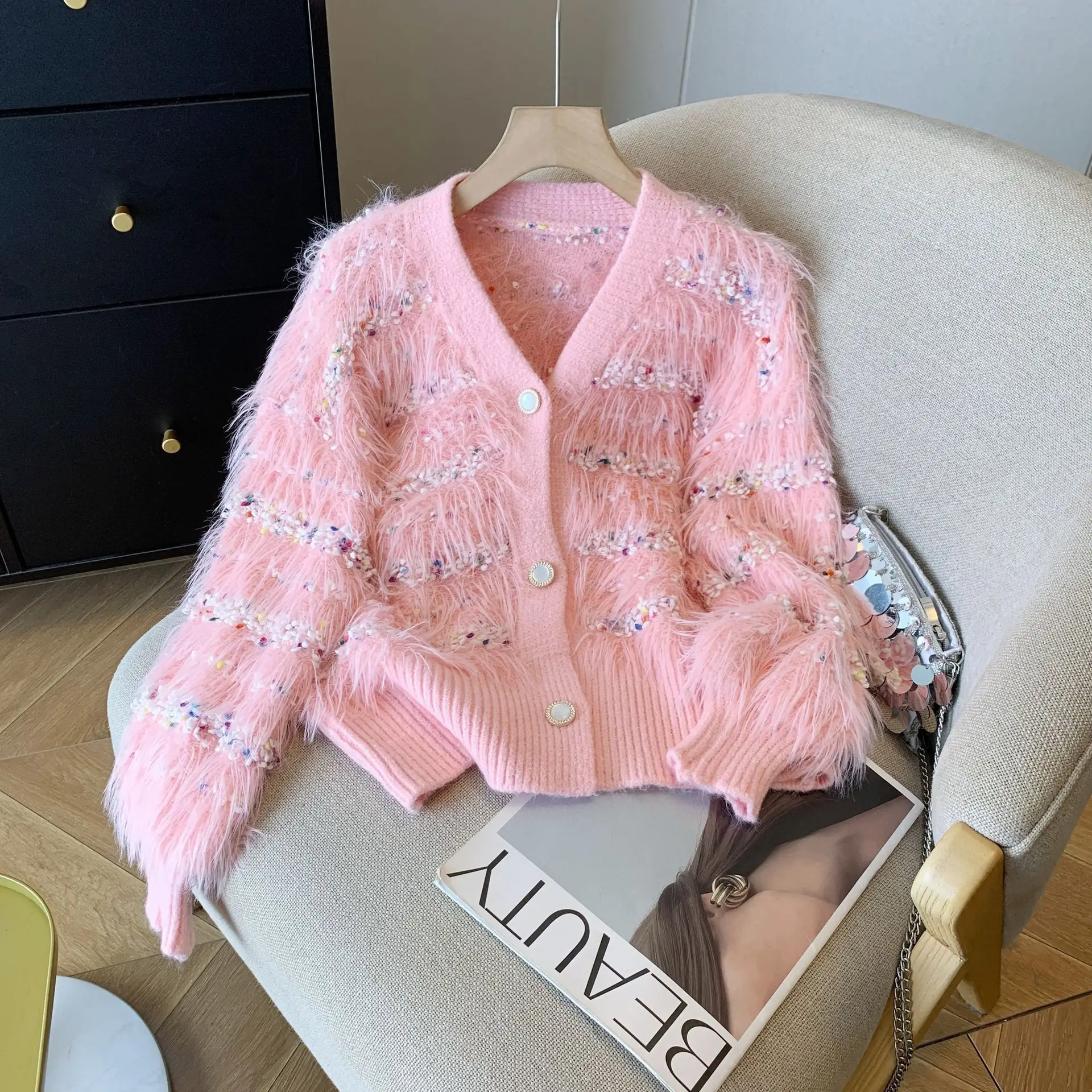 Mink-velvet Knitted Sweater Coat For Women Autumnwinter White With Tassels