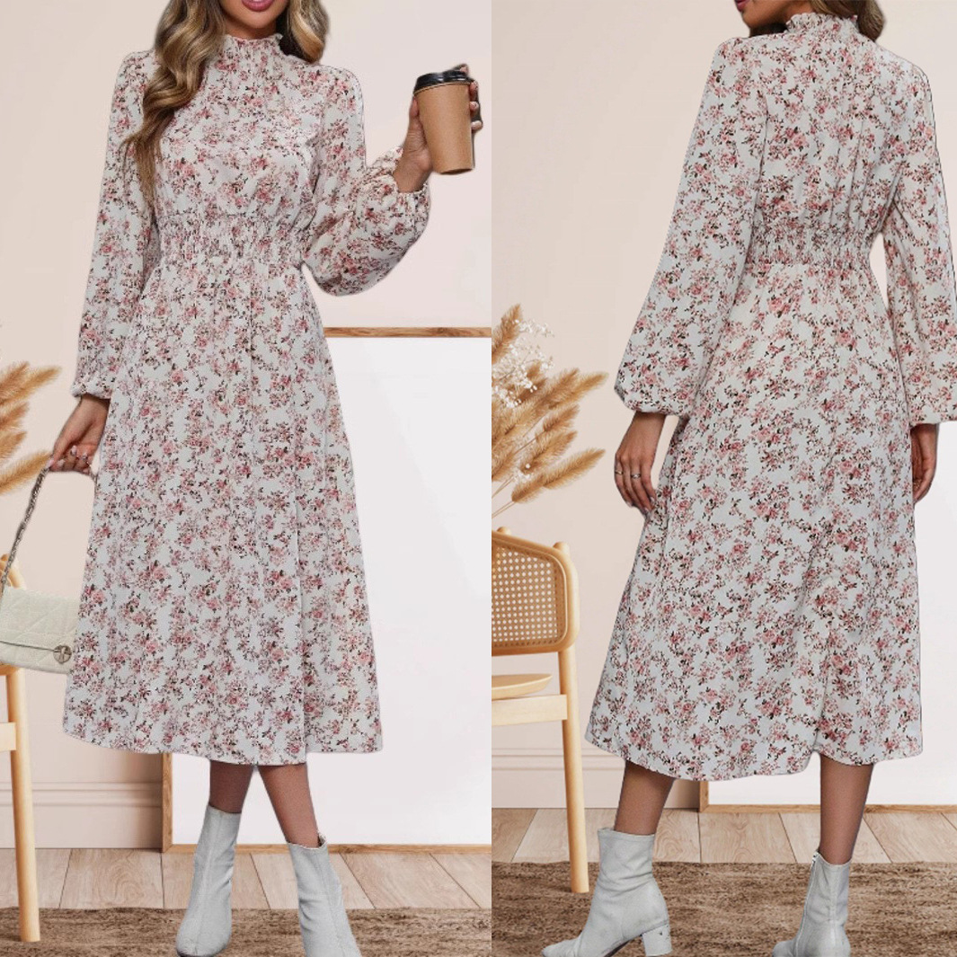 Small-floral Elastic-waist High-neck Long-sleeve Dress