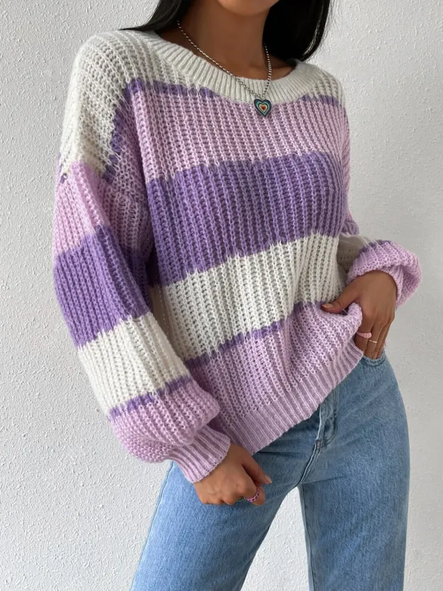 Autumn And Winter Long Sleeve Pullover Contrast Color Casual Purple - Shop at LoveMi