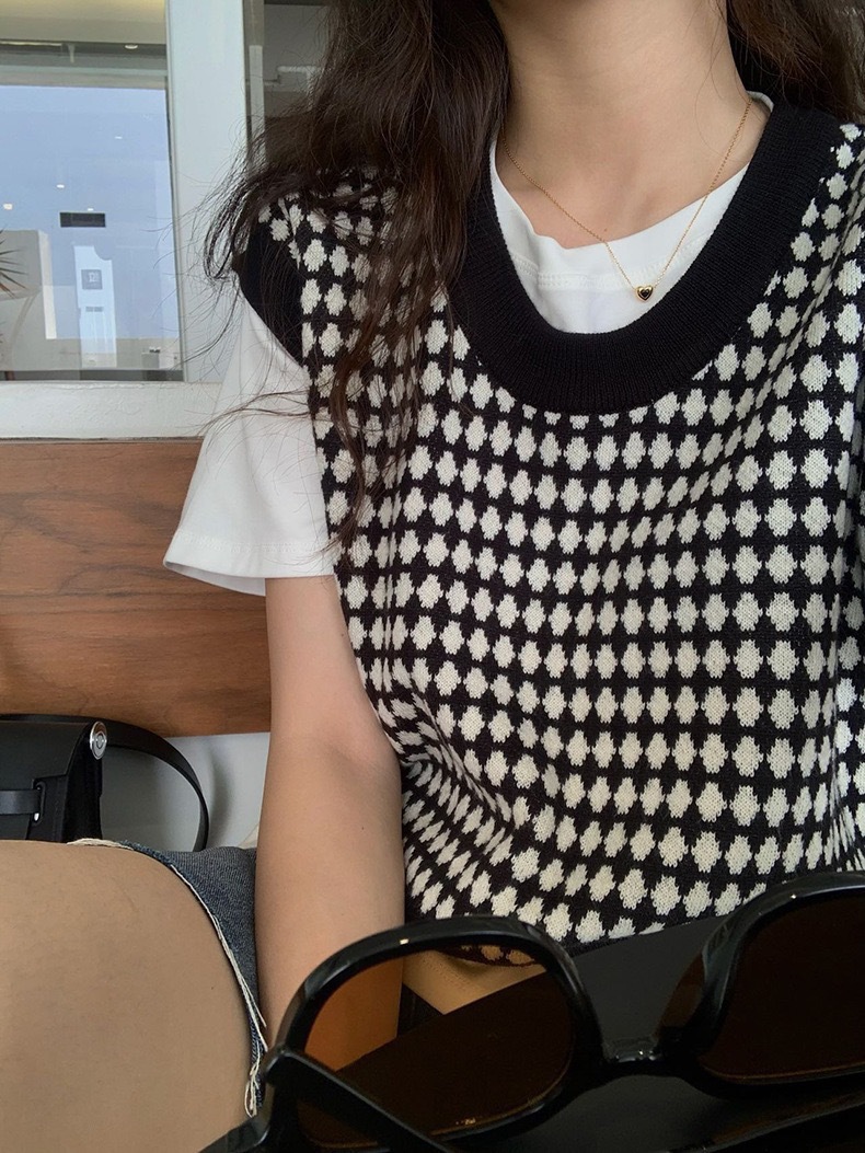 Retro Diamond Plaid Knitted Sleeveless Stacked Vest Jacket Black - Shop at LoveMi