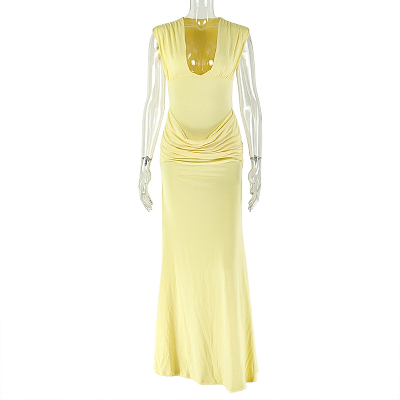 Pleated Bodycon Skirt Sexy V neck Sleeveless Elegant Dress Yellow - Shop at LoveMi