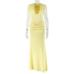 Pleated Bodycon Skirt Sexy V-neck Sleeveless Elegant Dress - Yellow - View 1