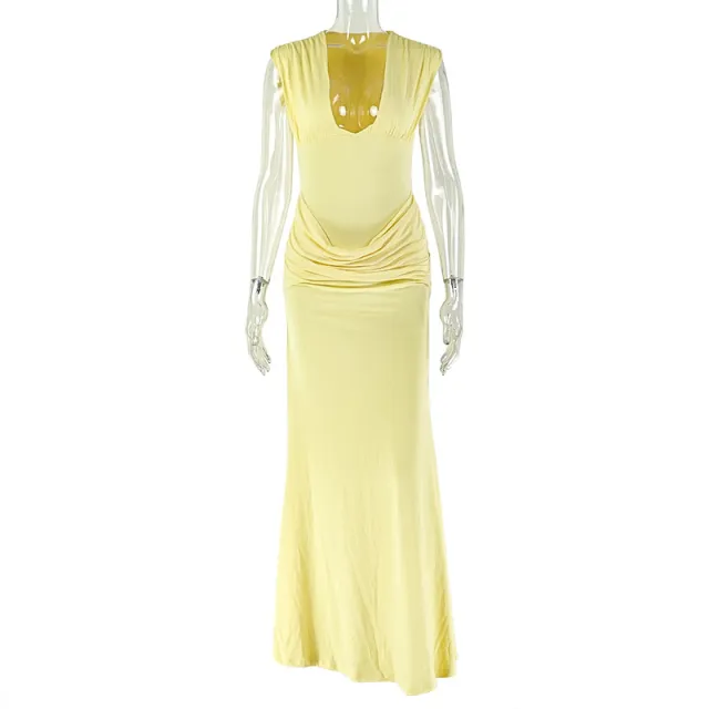 Pleated Bodycon Skirt Sexy V neck Sleeveless Elegant Dress Yellow - Shop at LoveMi