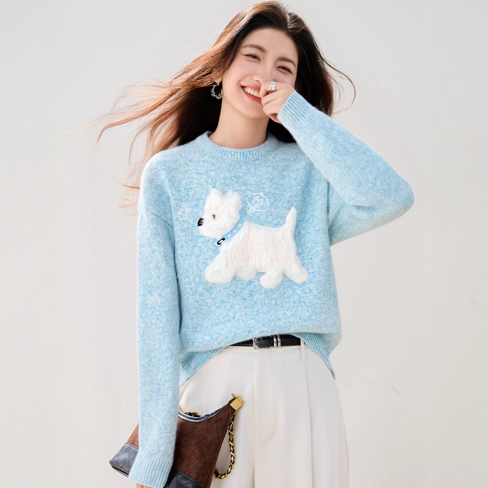 Womens Light Blue Sweet Knit Sweater For Girls