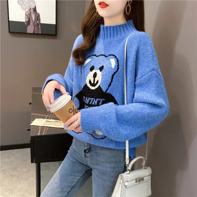 Artificial Mink Fur Bear Sweater For Women Autumn And Winter Loose Thickened Knitting Blue - Shop at LoveMi