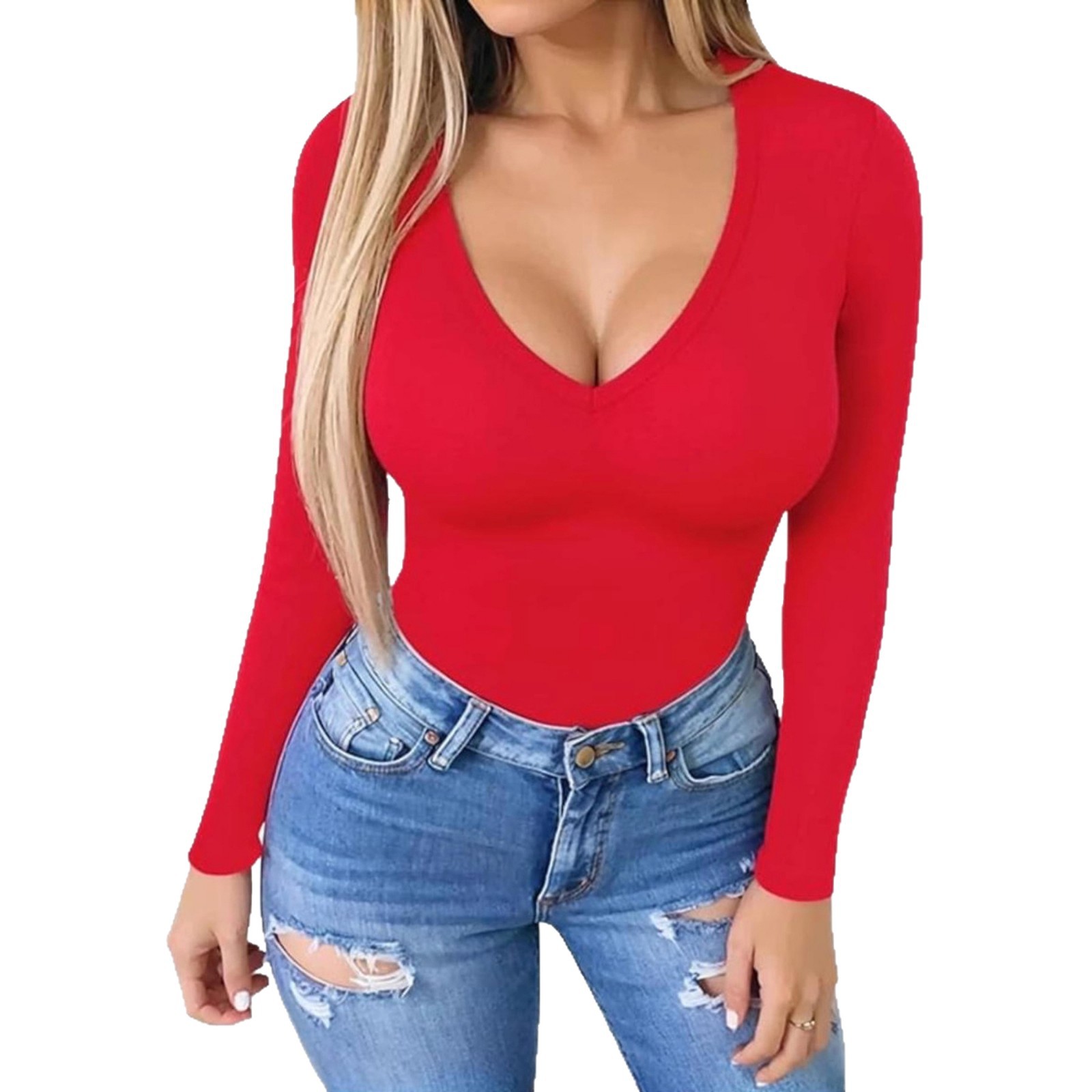 Womens Butt-Lifting Body-Shaping Long-Sleeve V-Neck Bodysuit