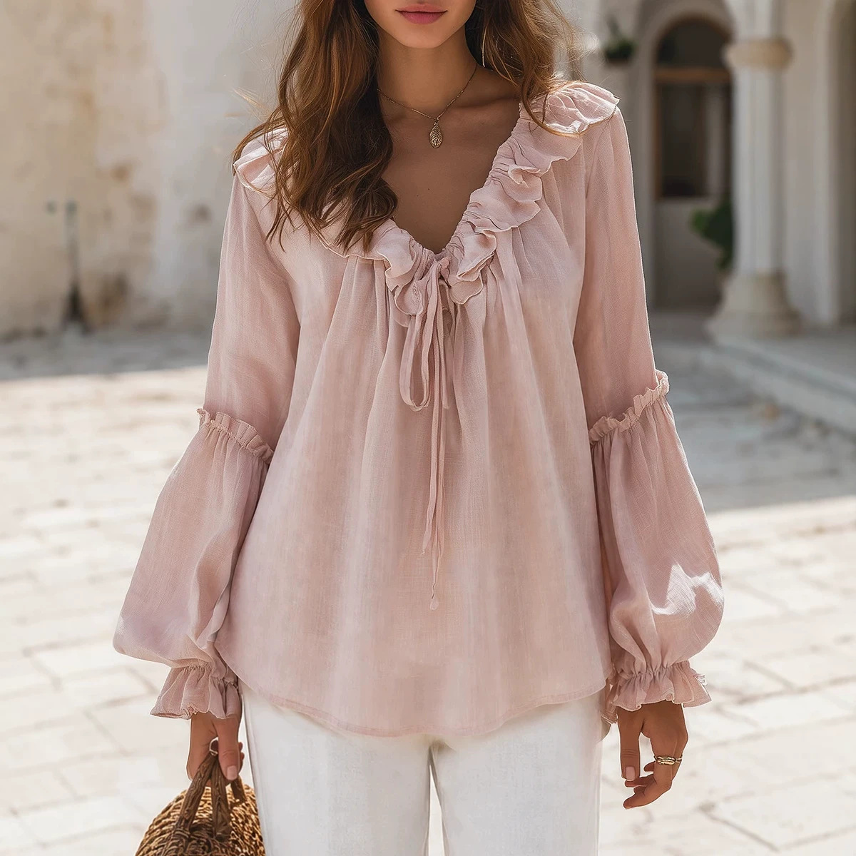 Retro Ruffled V-neck Top With Loose Figure-flattering Lantern Sleeves product image