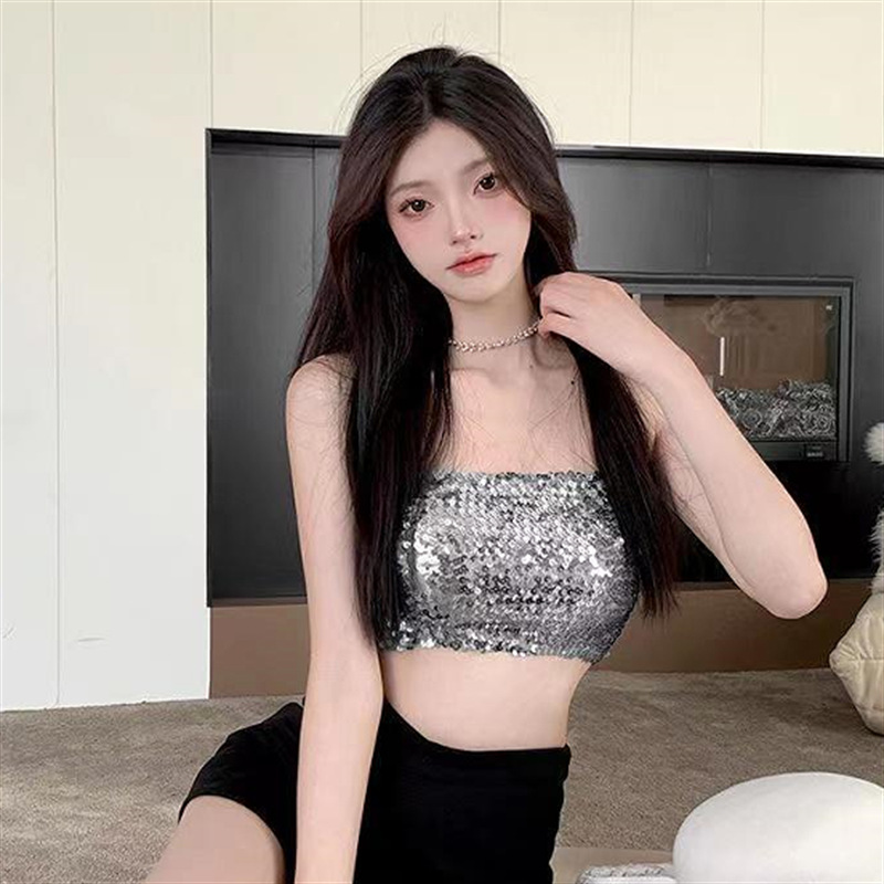 Summer Off-shoulder Sequined Backless Flashing Tube Top Women