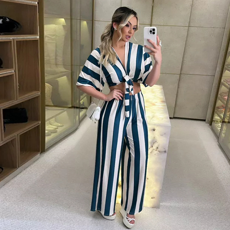 Women's Fashion Casual V-neck Striped Lace-up Top Wide Leg Pants Suit