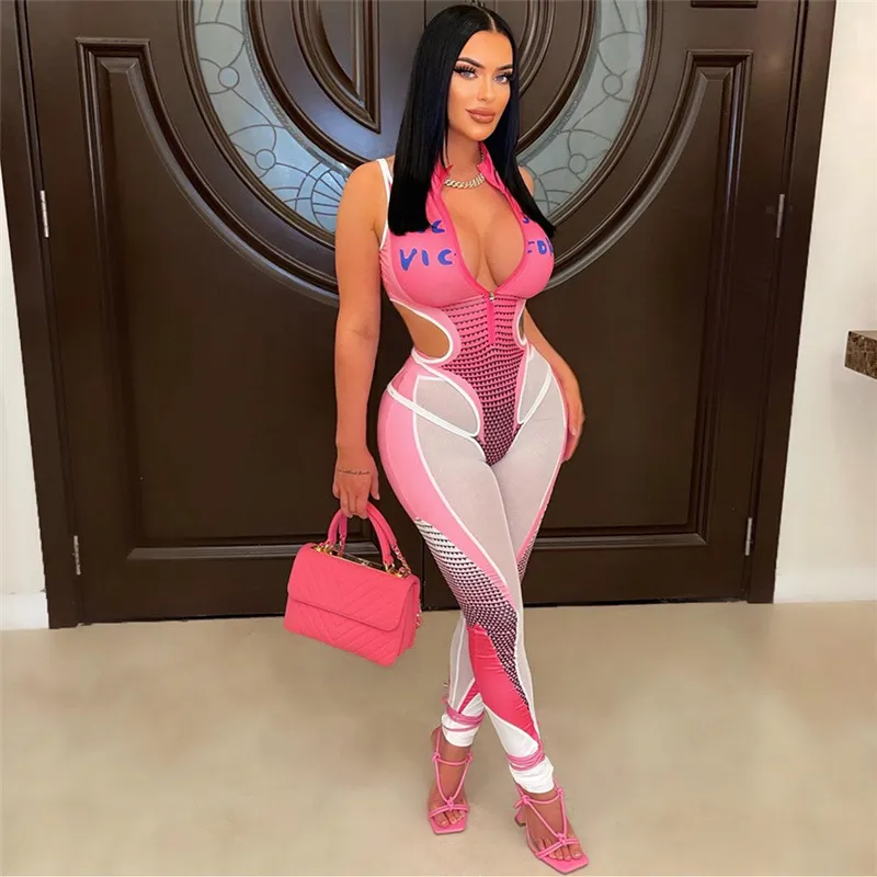 Hollow Printed Jumpsuit Mesh Stitching Casual Trousers Suit - Pink