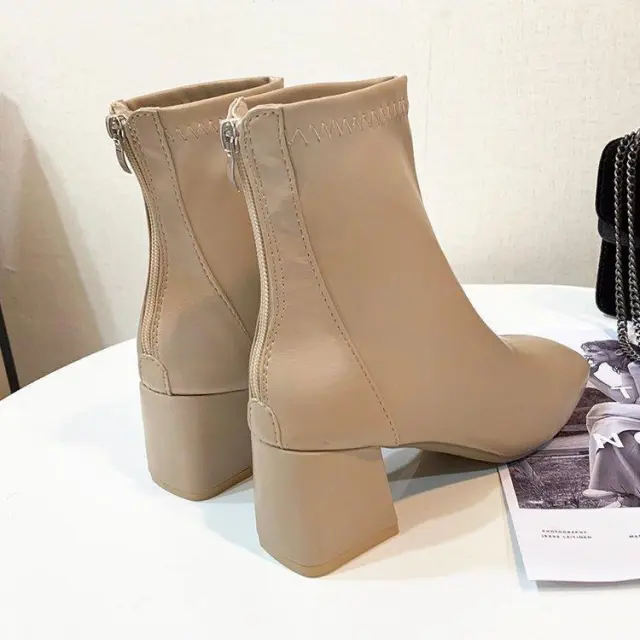 European And American Style Square Head Back Zip Short Boots Women's Khaki - Shop at LoveMi