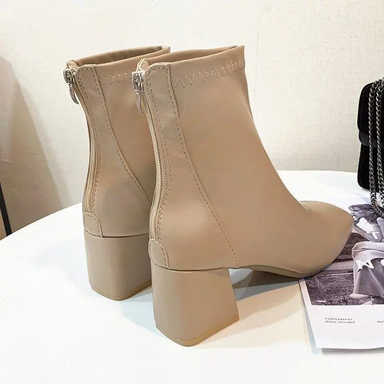 European And American Style Square Head Back Zip Short Boots Women's - Khaki