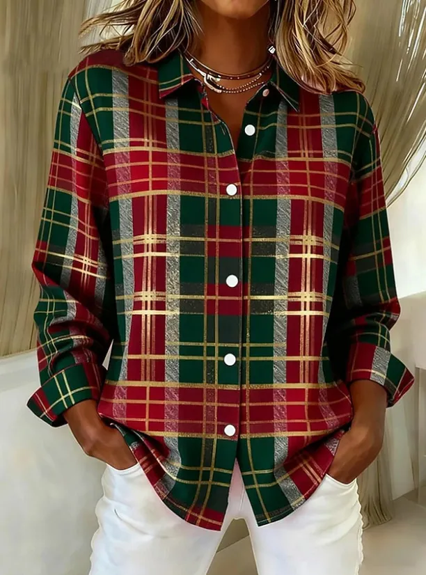 Womens Plaid Loose Fit Retro Long Sleeve Shirt Top Style 2 4Xl - Shop at LoveMi