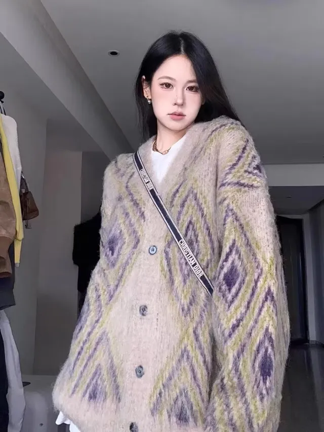 Autumn Winter Retro Long Wool Knitted Cardigan Women's Retro Loose Khaki - Shop at LoveMi