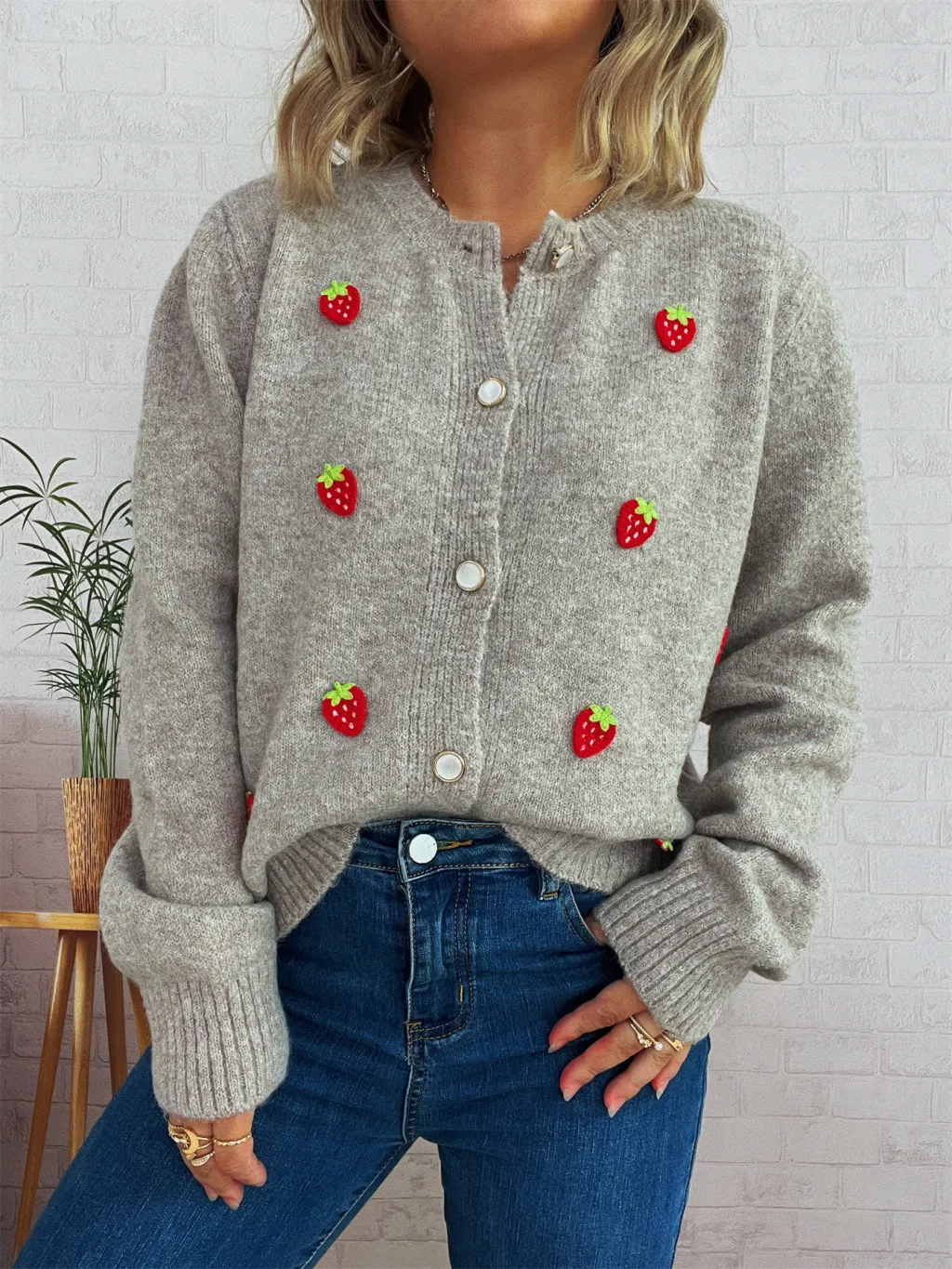 Cute Strawberry Jacquard Knitted Cardigan Round Neck Long Sleeve Sweater - Oatmeal Color