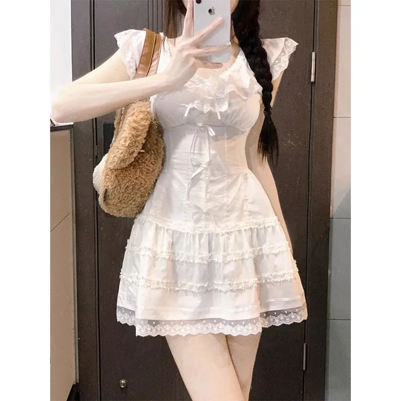 Sweet Gentle White Dress Women's Summer New French Style Slim Fit Slimming Lace Stitching - White