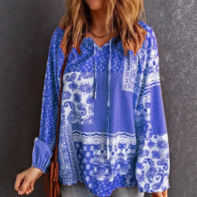 Women's Long sleeved Printed Ethnic Blouse T shirt Shirt Blue - Shop at LoveMi