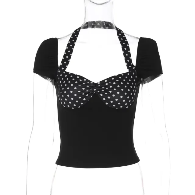 Women's Halter Short Sleeve Backless Top Polka Dot Black - Shop at LoveMi