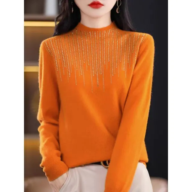 Women's Diamond embedded Half turtleneck Wool Sweater Bottoming Shirt Orange - Shop at LoveMi