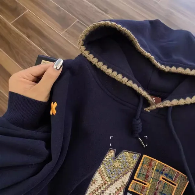 American Retro Hooded Sweatshirt For Women, Slimming And Loose Navy Blue Thin - Shop at LoveMi