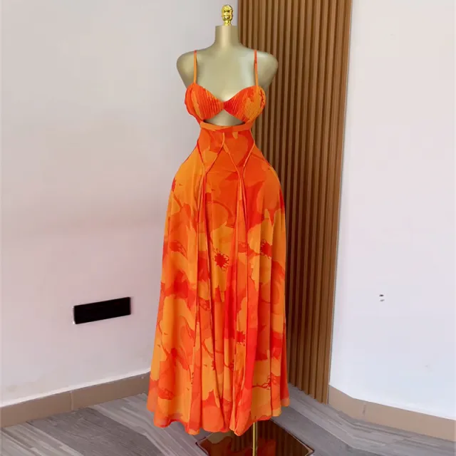Printed Sling Tube Top High Waist A Line Dress Orange - Shop at LoveMi