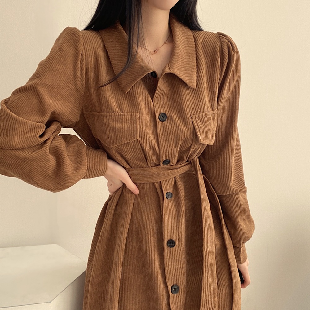 Autumn Winter Retro Lapel Single Breasted Lace-up Waist-controlled Long Corduroy Dress Women