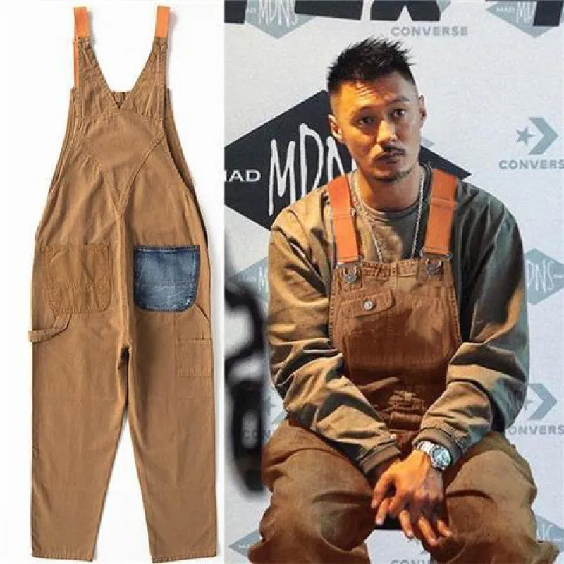 Fashion Brand Embroidery Splash-ink Khaki Denim Suspender Pants For Women - Khaki D185