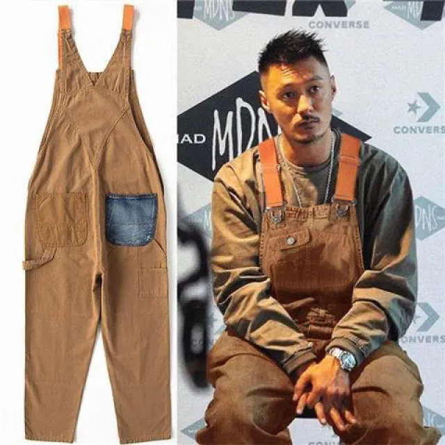 Fashion Brand Embroidery Splash ink Khaki Denim Suspender Pants For Women Khaki D185 - Shop at LoveMi