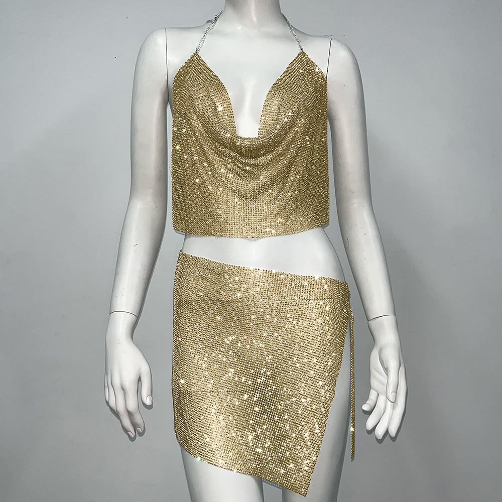 Halter Spaghetti Straps Skirt Outfit Women Golden Suit - Shop at LoveMi